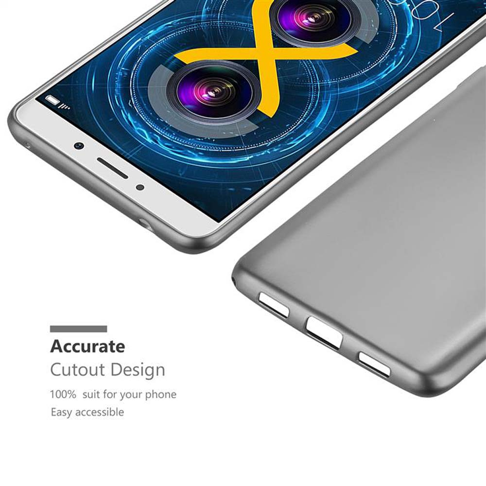 Uno smartphone argentato con design fotocamera sullo schermo e una custodia accanto.