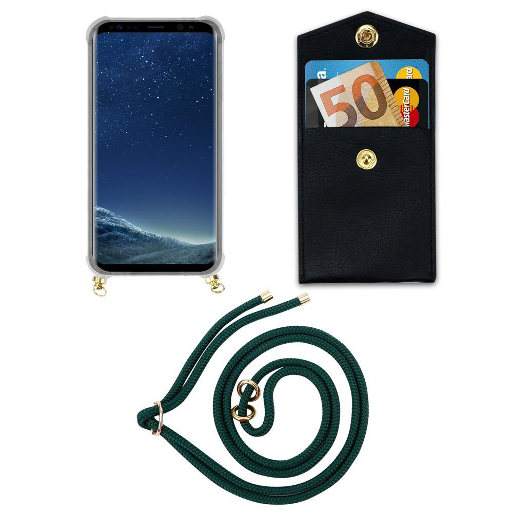 Smartphone in custodia, porta carte nero con banconota da 50€ e carta di credito, cordino verde.