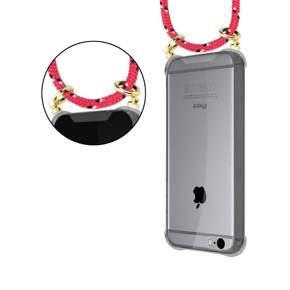 Un iPhone in una custodia trasparente con cinturino in corda.