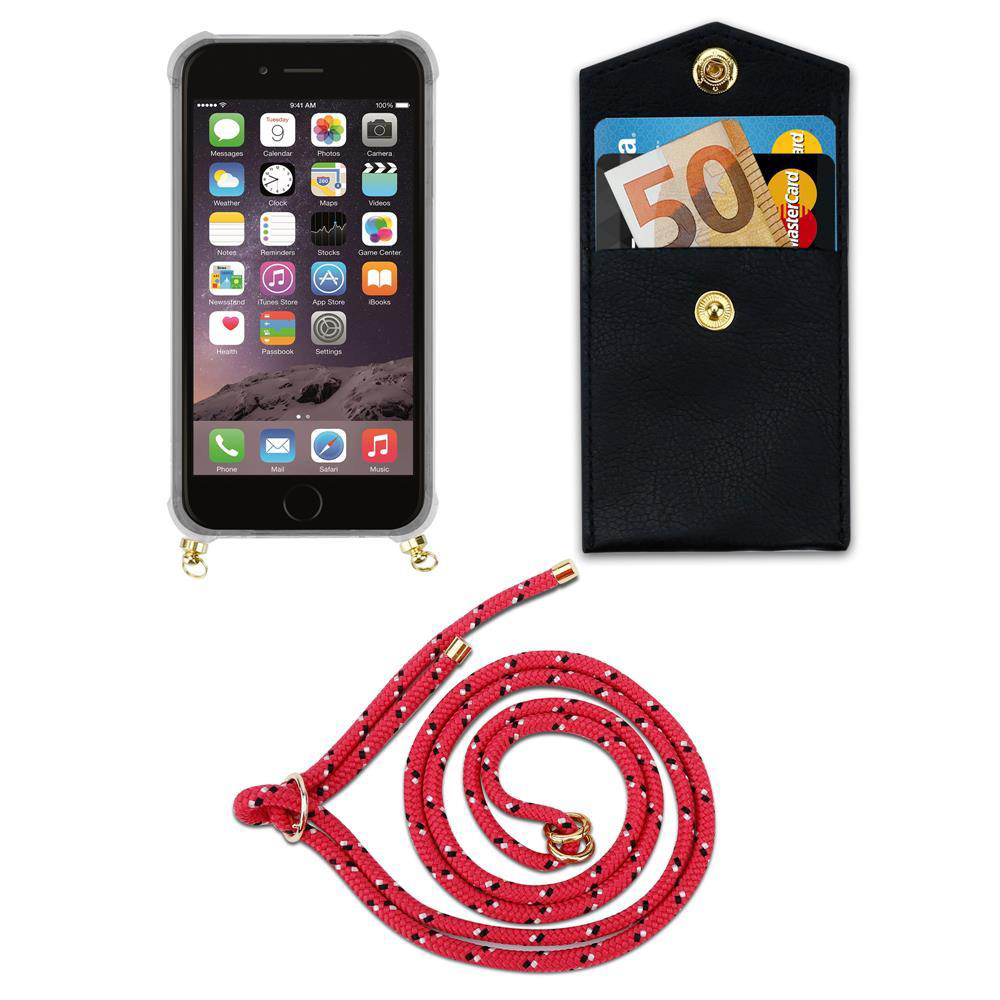 iPhone con app, porta carte nero con banconota e carte, cinghia rossa.