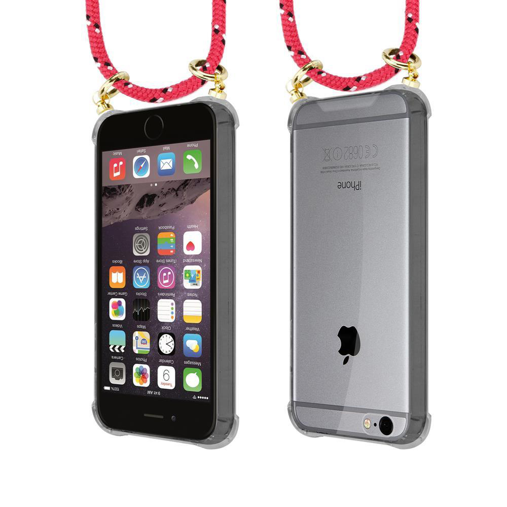 Un iPhone con cinturino in corda rosso e nero, vista frontale e posteriore.