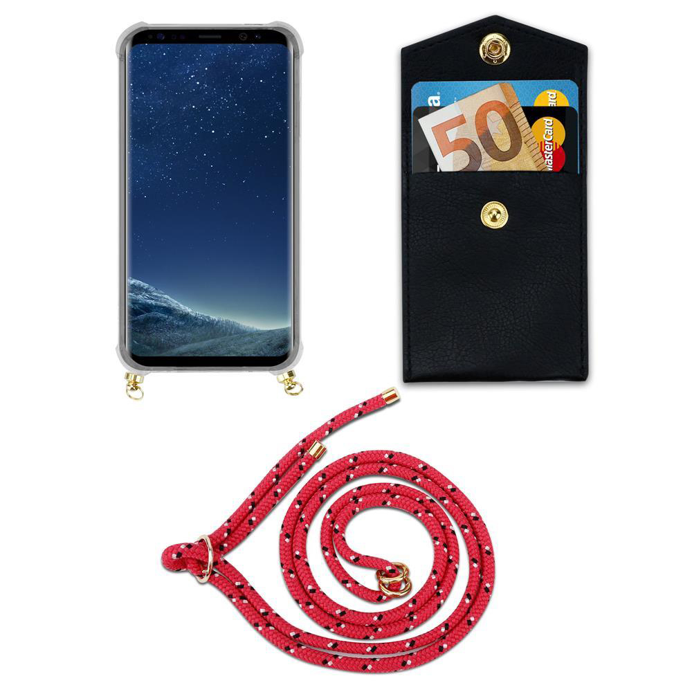 Uno smartphone in custodia, un portafoglio nero con banconota da 50€ e carte, e una corda rossa.