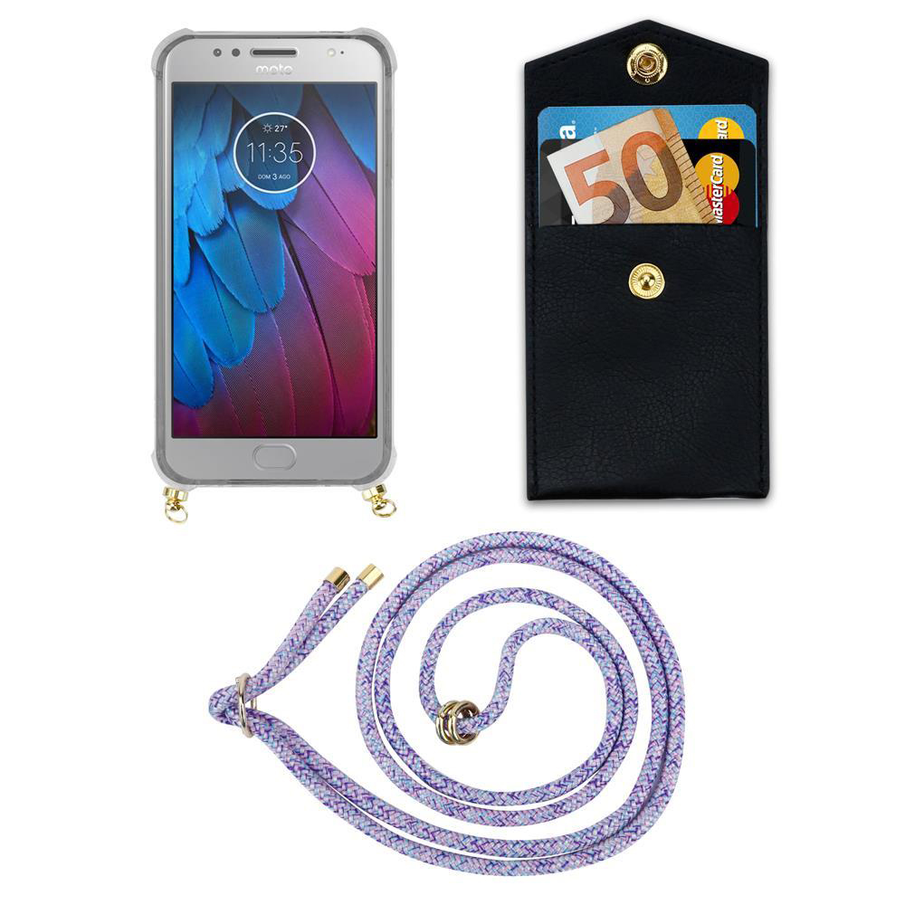 Smartphone in custodia, portafoglio nero con soldi e carte, cordino viola.