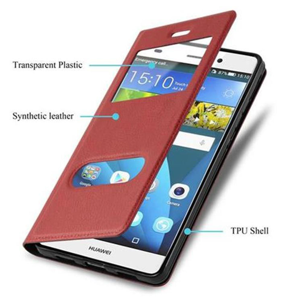 Funda roja de cuero sintético con ventana transparente y logo Huawei.