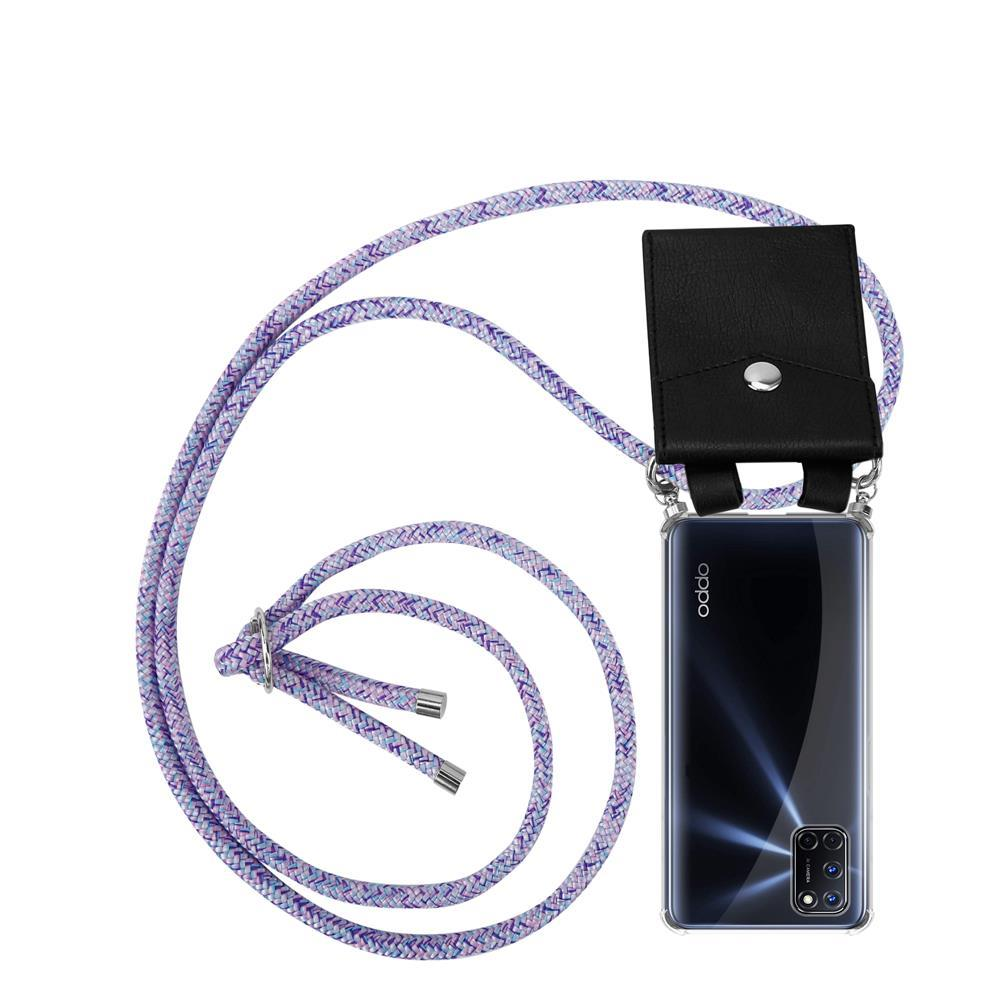 Ein Smartphone mit einer Kordel und einer schwarzen Tasche auf weißem Hintergrund.