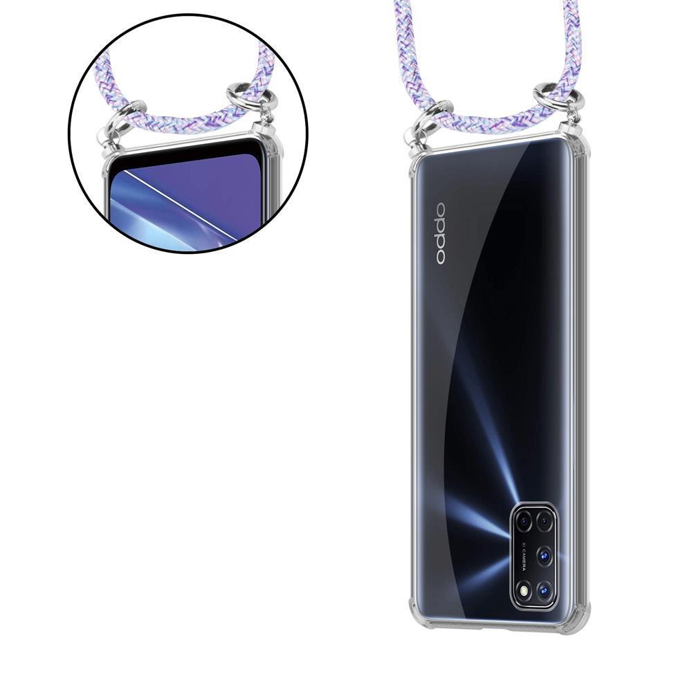 Ein schwarzes Oppo-Smartphone mit einer transparenten Hülle und einem Band.