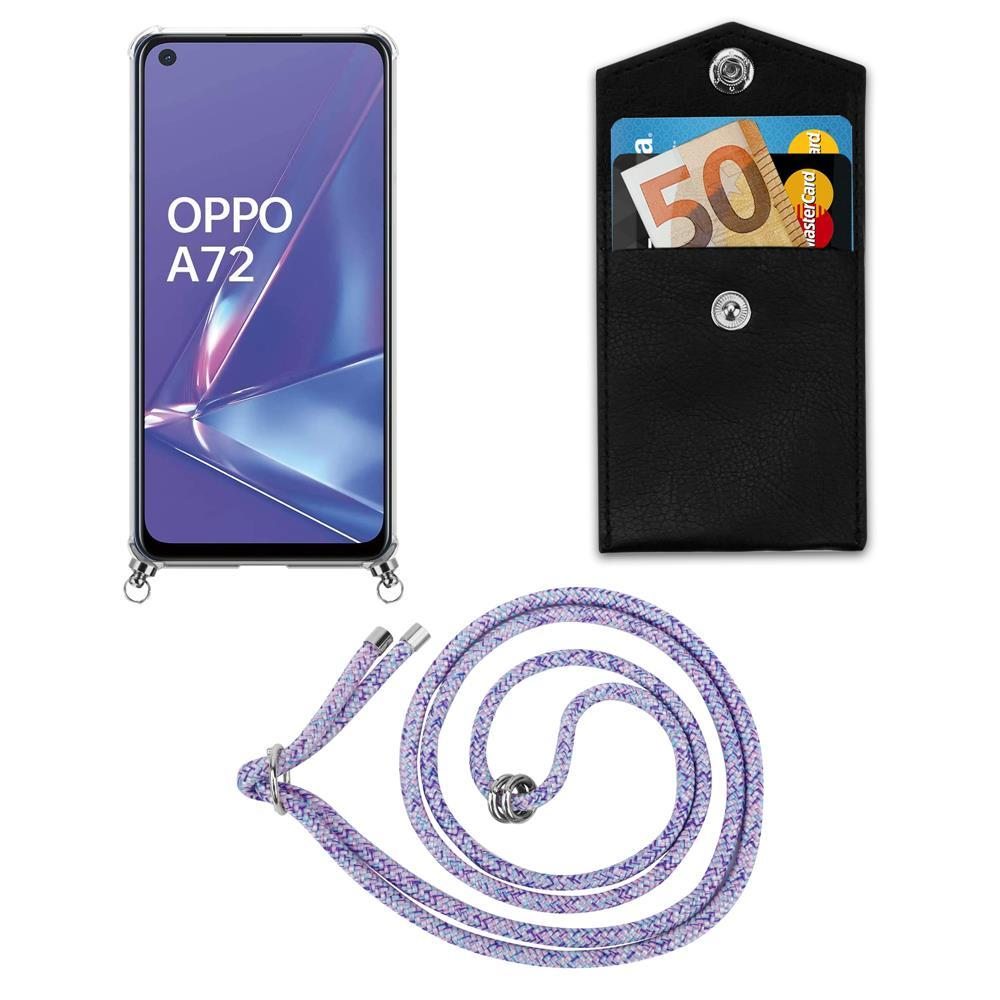 OPPO A72 Smartphone mit schwarzer Handyhülle, 50-Euro-Schein und Lanyard.