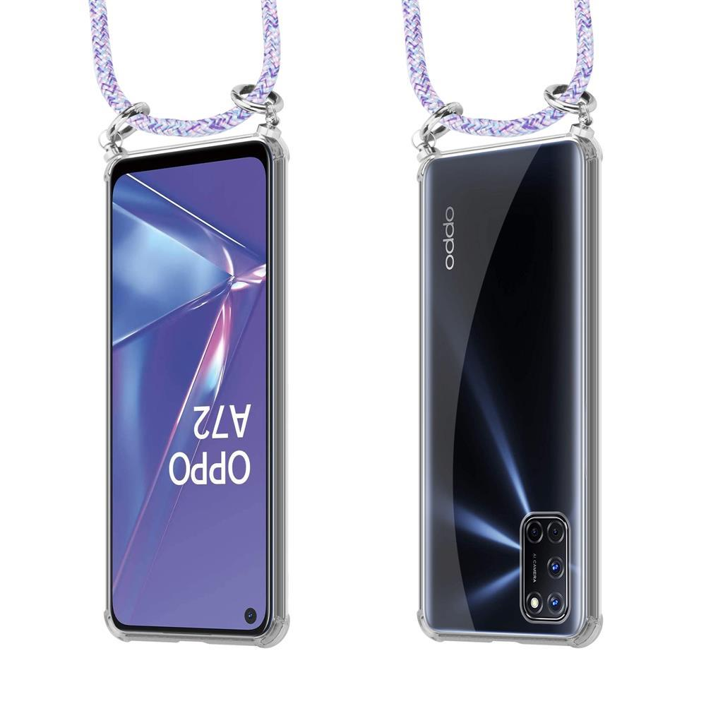 Vorder- und Rückansicht eines OPPO A72 Smartphones in einer transparenten Hülle mit Lanyard.
