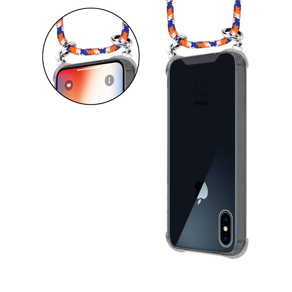 Custodia trasparente per iPhone con cordino arancione e blu.