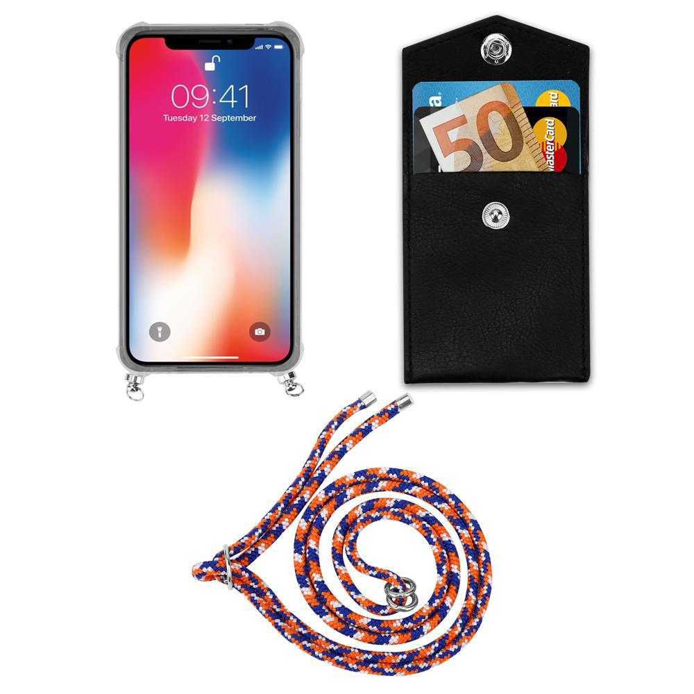 Uno smartphone in custodia, un portafoglio con contanti e un laccio su sfondo bianco.