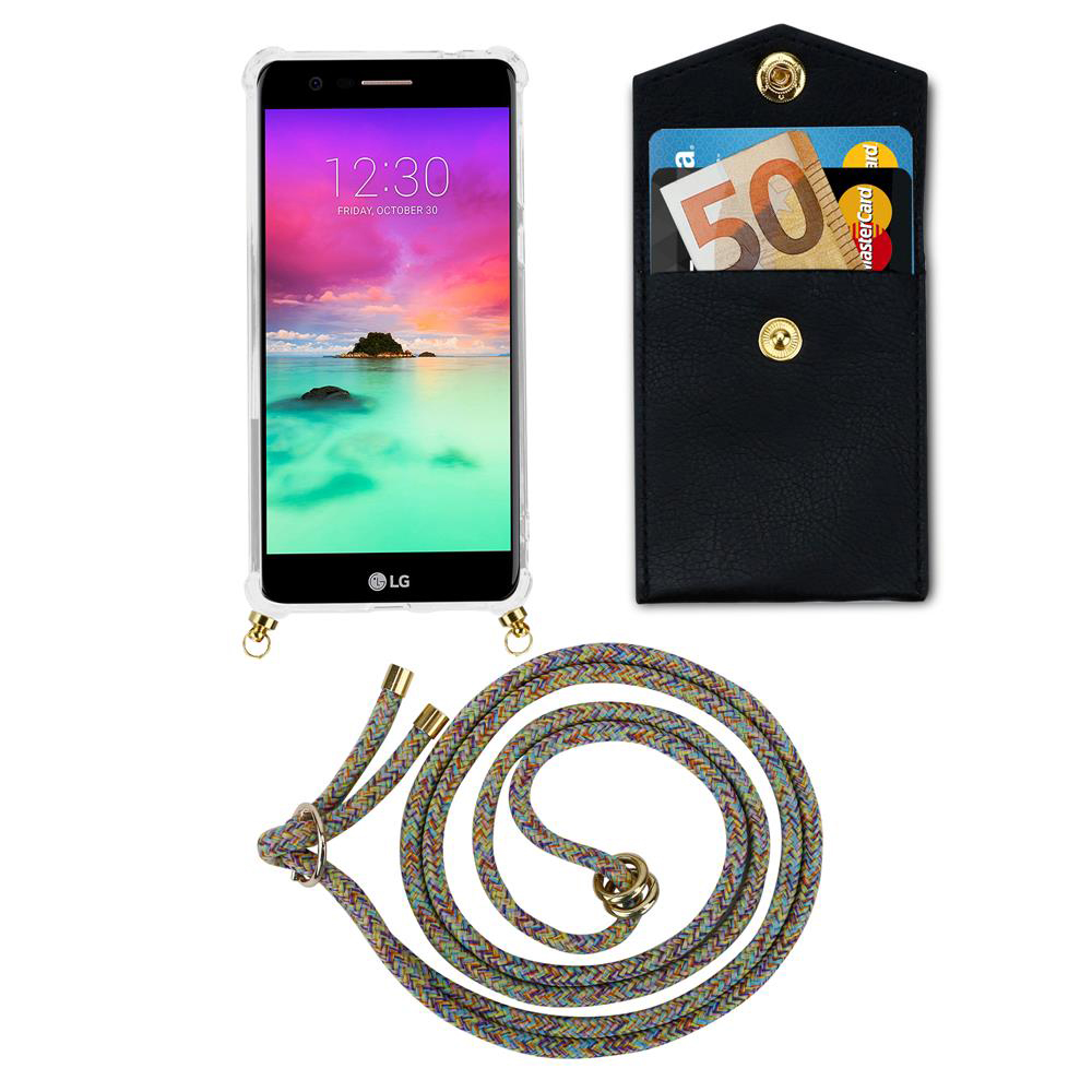 Ein Smartphone mit Hülle, Kartenetui mit Geldschein und Karten, und ein Lanyard.