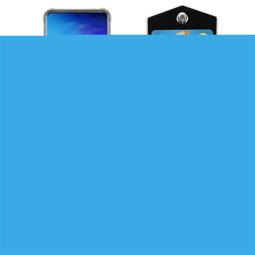Uno smartphone in custodia e un portafoglio nero con carta.