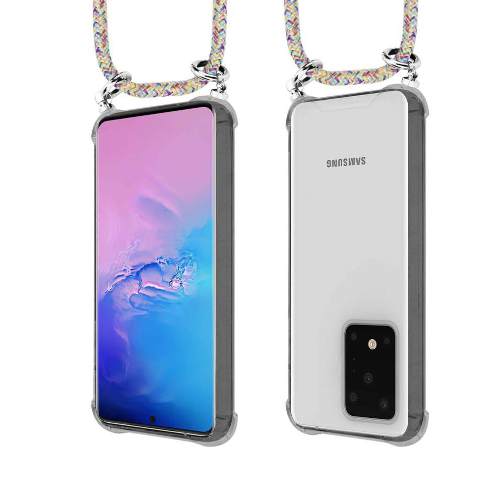 Uno smartphone con cinturino colorato, mostrato fronte e retro.