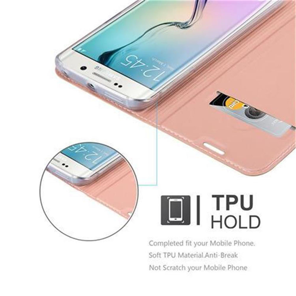Una custodia rosa per telefono con uno smartphone. Ha uno slot per carte.