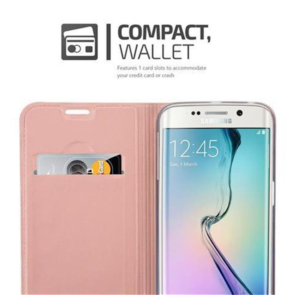 Una custodia a portafoglio rosa con una carta accanto a uno smartphone che mostra le 12:45.
