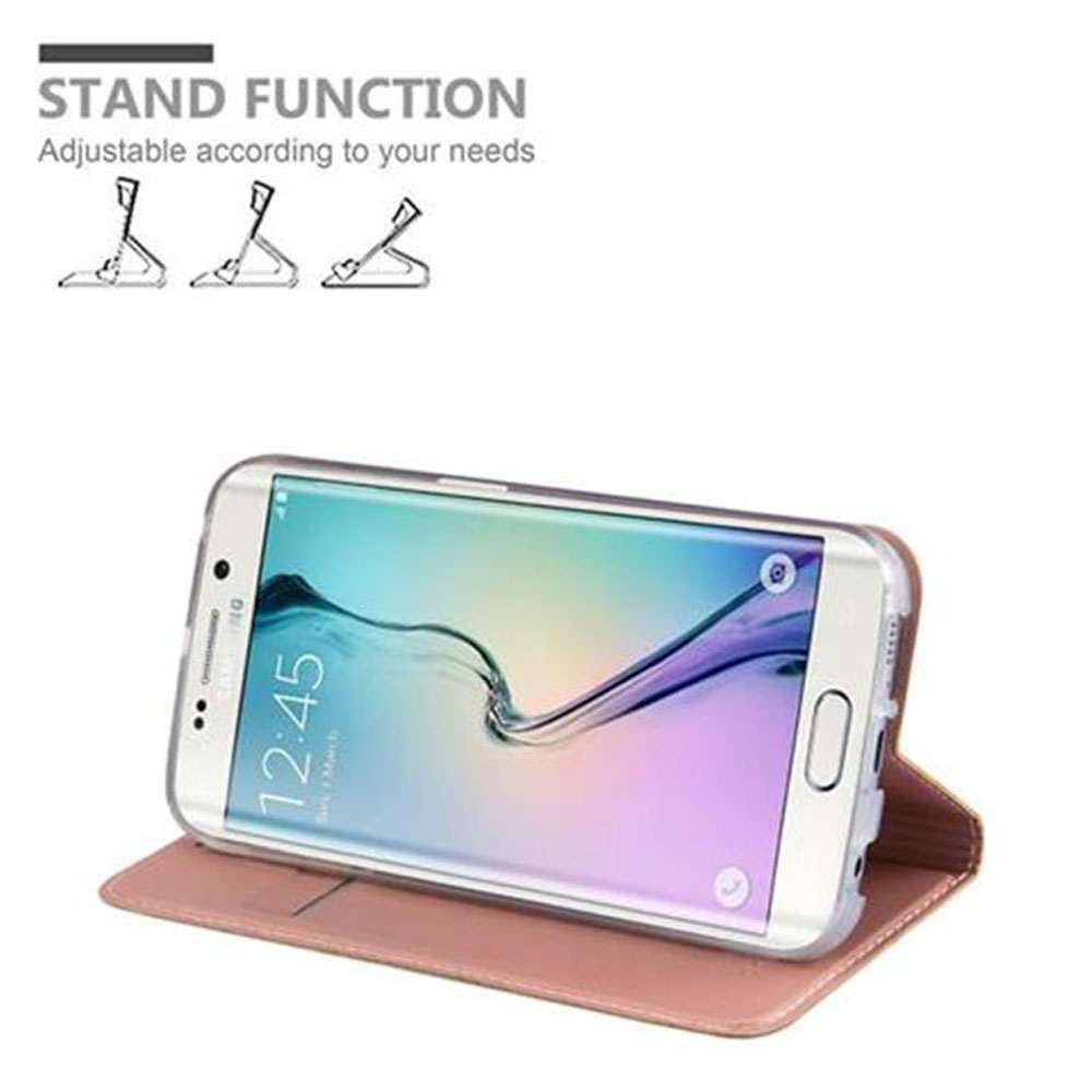 Uno smartphone in custodia rosa con funzione stand.