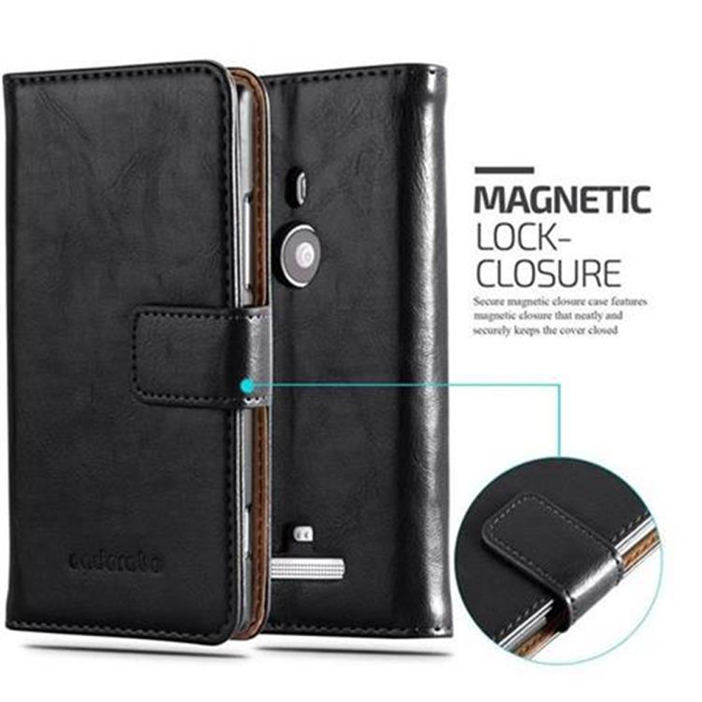 Custodia per telefono in pelle nera con chiusura magnetica, vista fronte e retro.