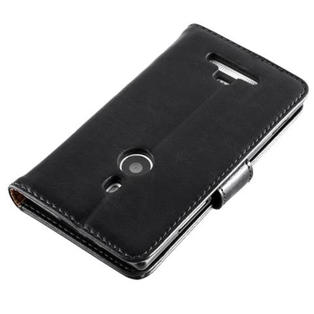 Custodia nera per cellulare con foro per fotocamera e chiusura.