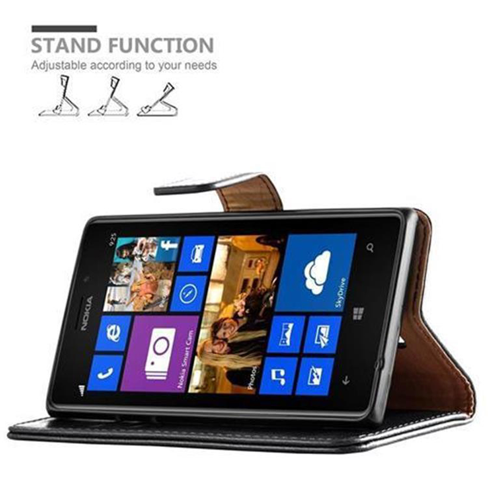 Uno smartphone Nokia in una custodia marrone con funzione stand.