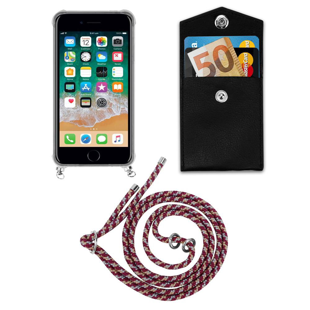 Smartphone con custodia, portafoglio con soldi e carte, e cordino.