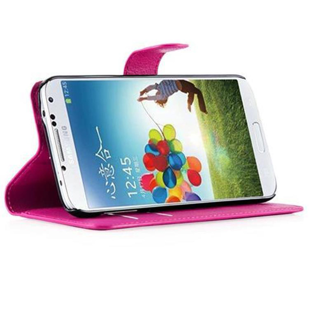 Una custodia rosa per telefono con uno smartphone che mostra un uomo con palloncini colorati.