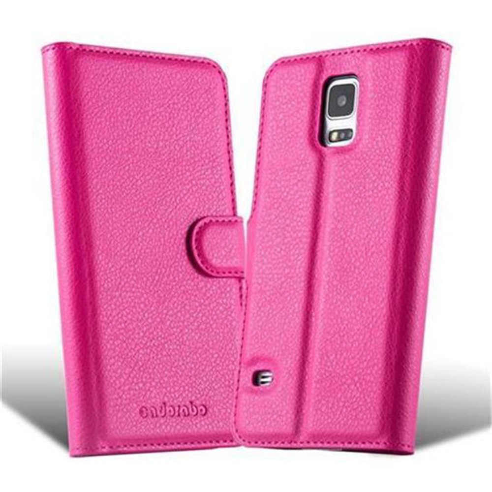 Una custodia a libro rosa per smartphone, aperta.