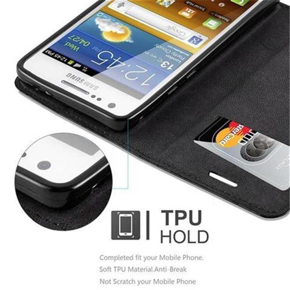 Ein schwarzes Handy-Etui mit Handy, Kreditkarte und "TPU HOLD"-Logo.
