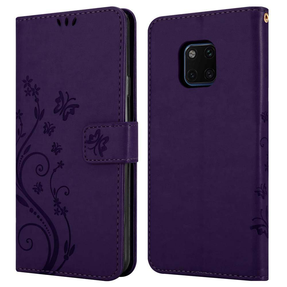 Custodia viola a libro per telefono con design floreale e foro per fotocamera.