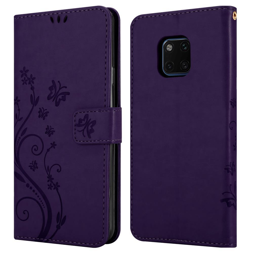 Custodia viola per telefono con design floreale e farfalla.