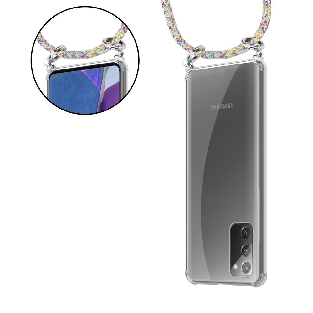 Custodia trasparente per telefono con laccetto colorato attaccato a un telefono Samsung.