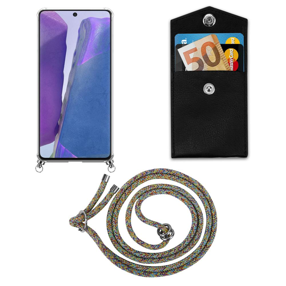 Uno smartphone in custodia trasparente, un porta carte nero e un cordino colorato.
