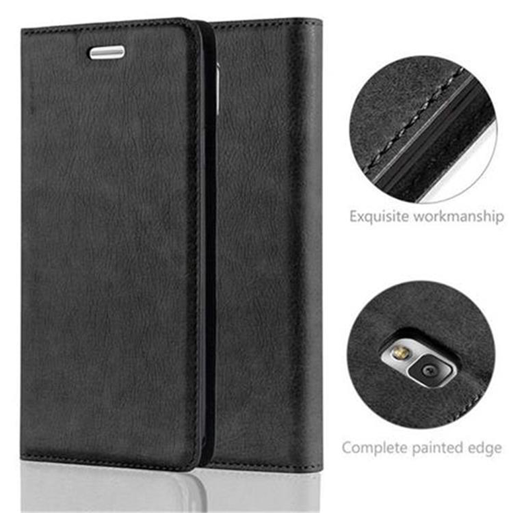 Custodia a libro in pelle nera per smartphone con dettagli.