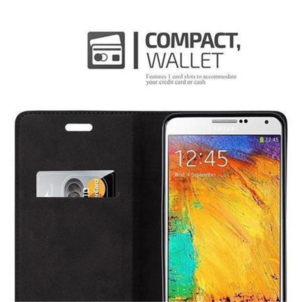 Custodia a portafoglio nera con carta di credito, mostra schermo smartphone.