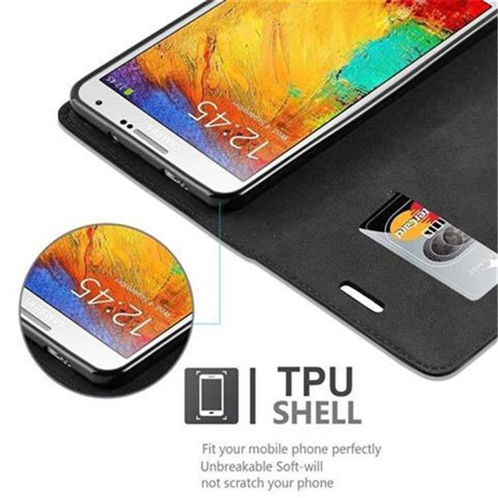 Custodia nera per telefono con porta carte e carta di credito. Mostra schermo.