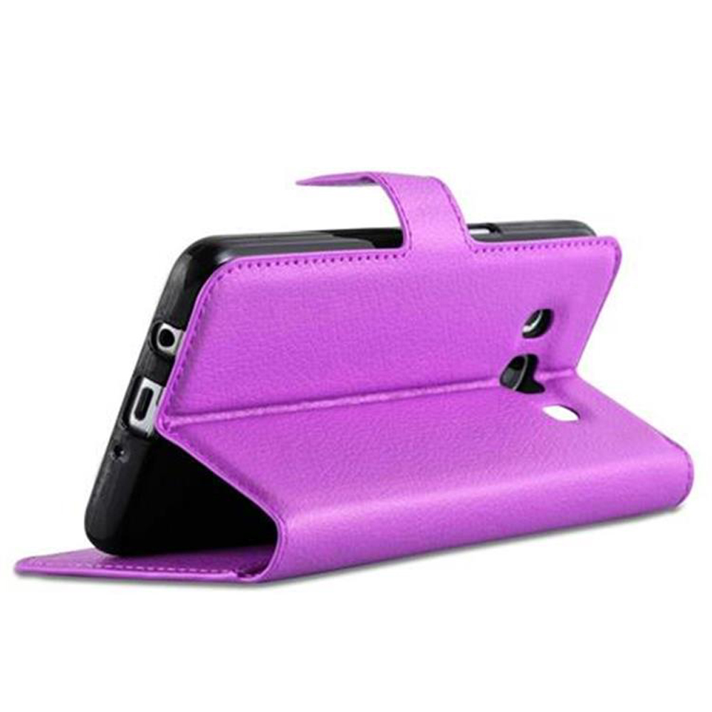 Custodia viola per telefono a libro con ritagli per fotocamera e porte.