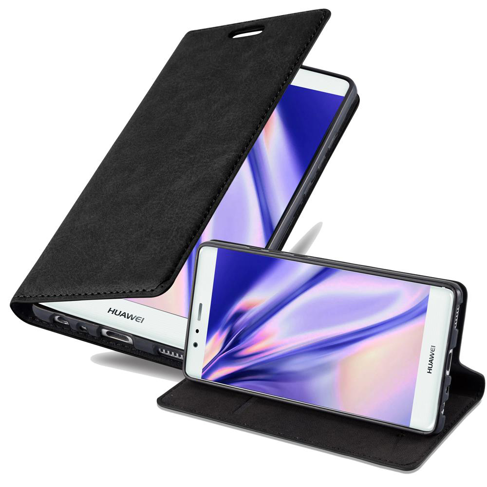 Una funda tipo libro negra para un smartphone Huawei, de pie.