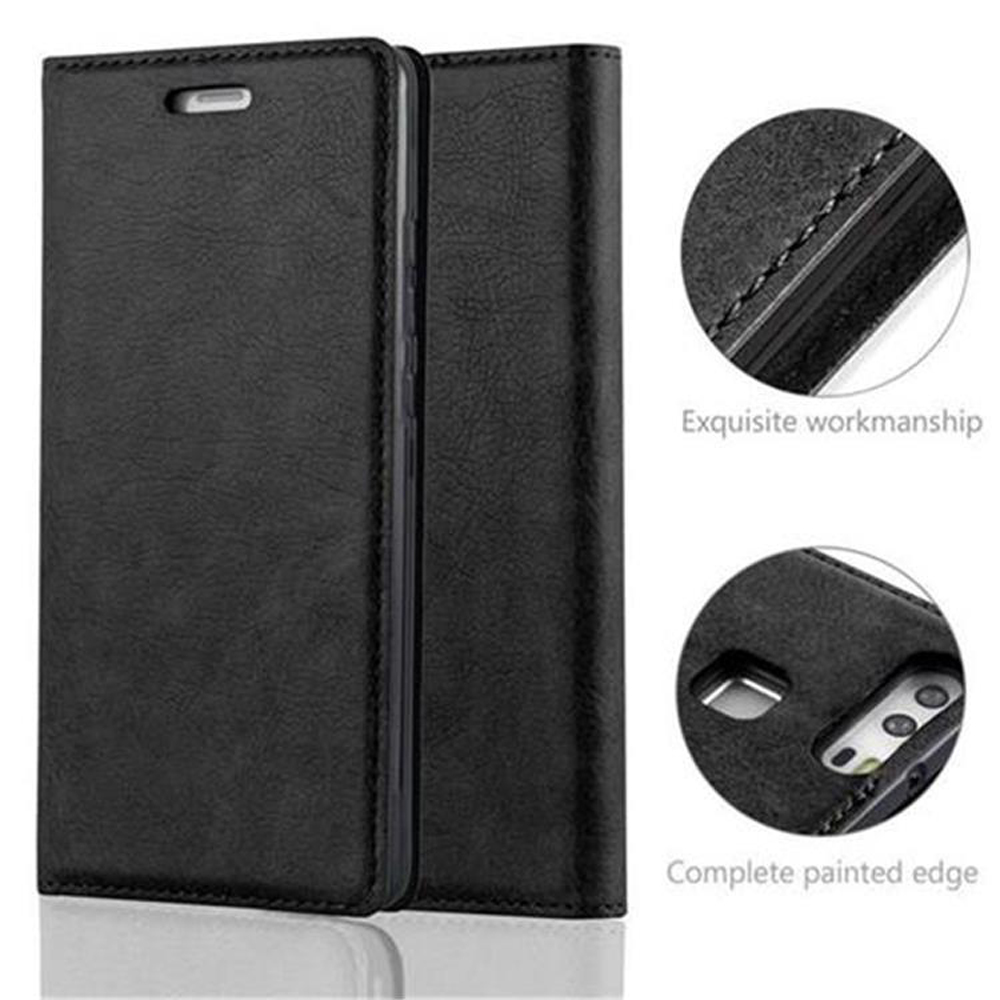 Funda negra de cuero sintético para teléfono con dos compartimentos, primer plano de costuras y cámara.