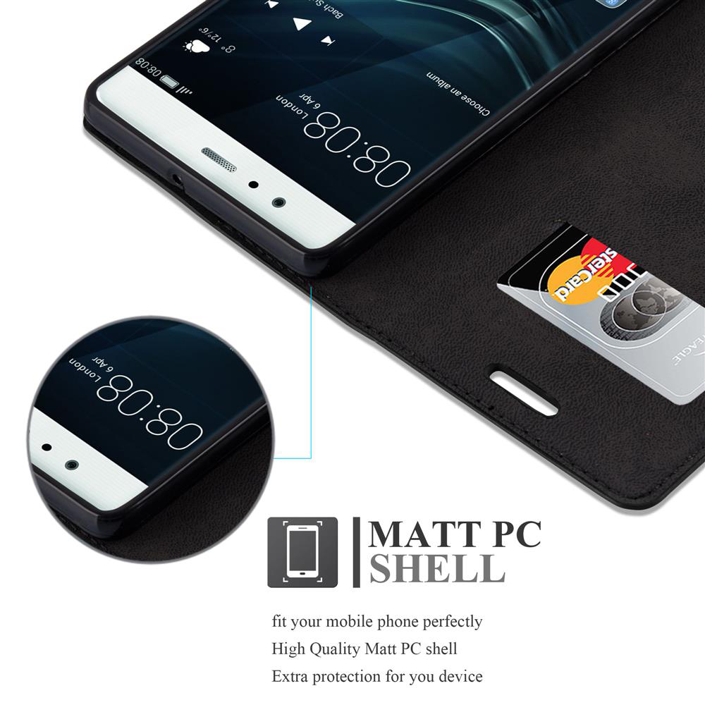 Funda negra para teléfono con ranura para tarjeta y MasterCard. Muestra pantalla de teléfono con hora.