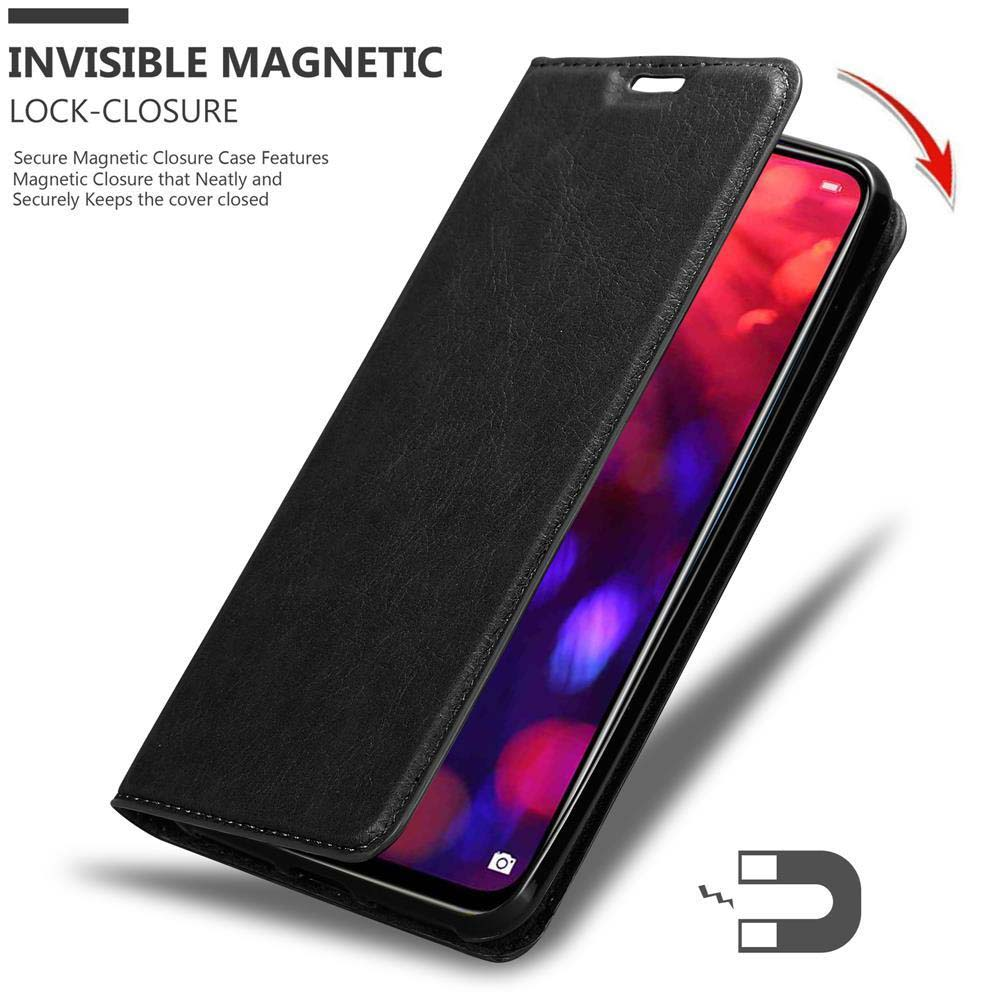 Custodia per telefono nera con chiusura magnetica che protegge uno smartphone.