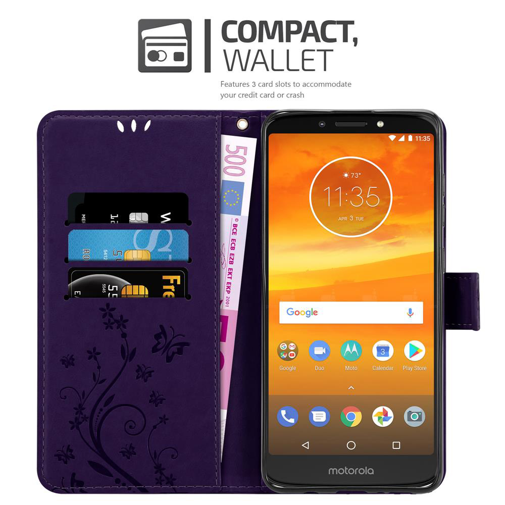 Custodia viola a portafoglio con telefono che mostra banconota da 500 euro, carte e orologio.