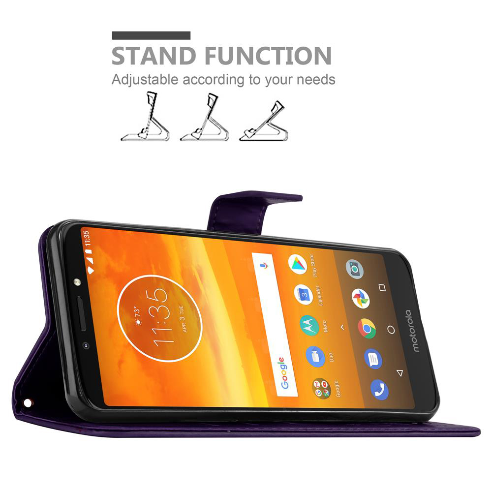 Custodia viola per telefono con funzione stand, mostra un telefono Motorola.
