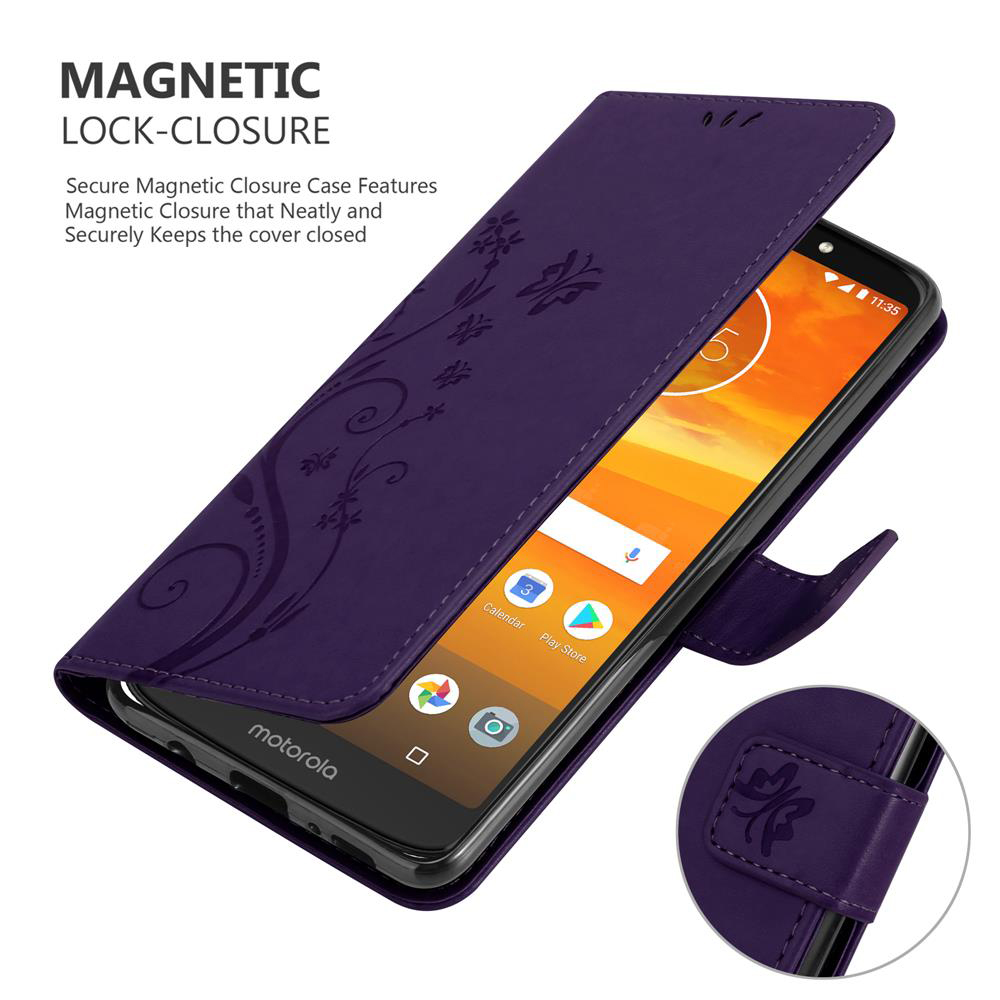 Custodia viola con motivo floreale e chiusura magnetica su un telefono Motorola.