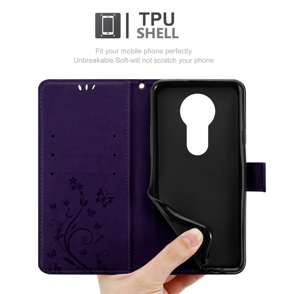 Custodia viola per telefono con motivo floreale e inserto nero.