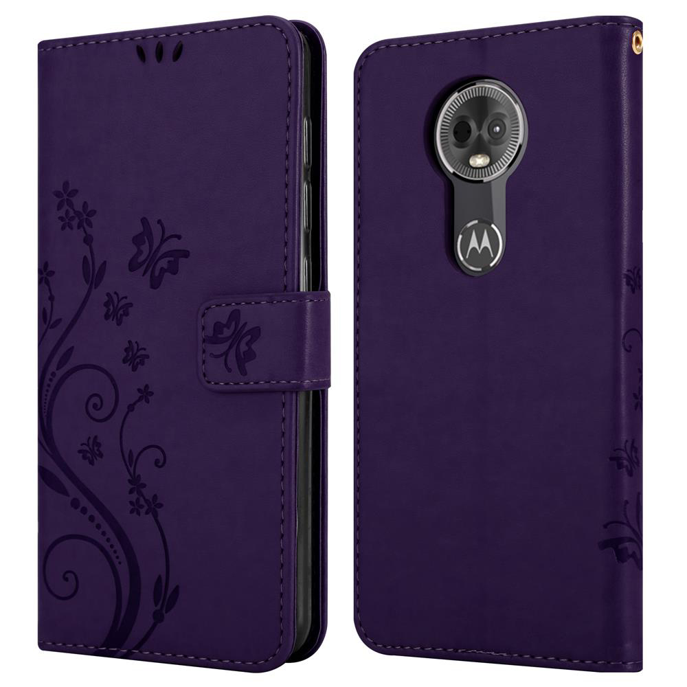 Custodia a libro viola per telefono con design floreale e logo Motorola.
