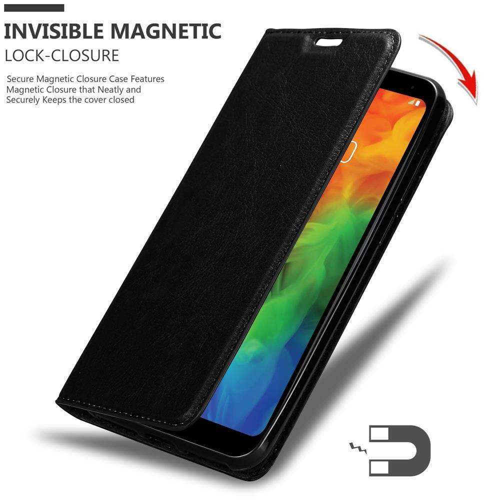 Custodia nera per telefono con chiusura magnetica, che mostra il telefono aperto.