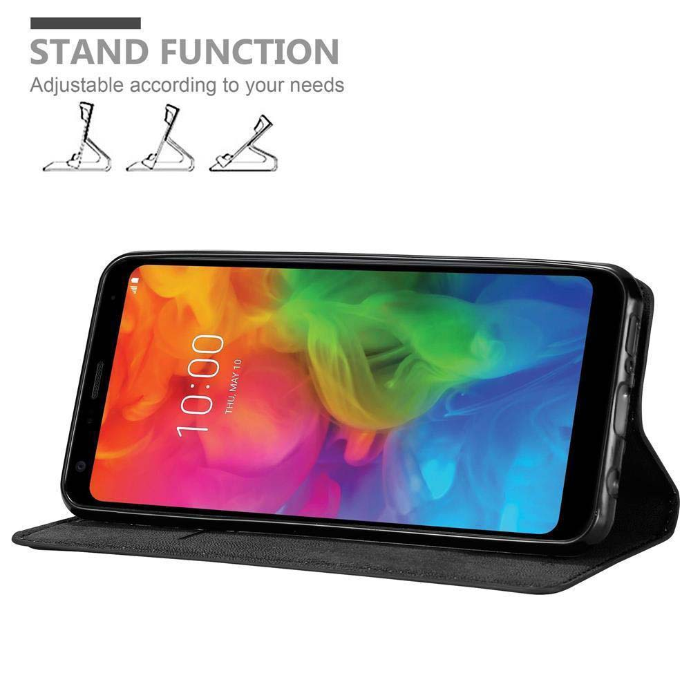 Uno smartphone in una custodia nera con uno schermo di blocco colorato.