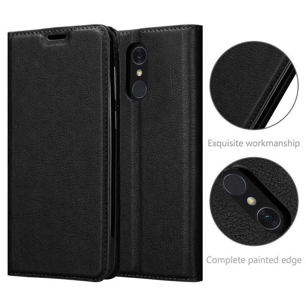 Custodia a libro in pelle nera per smartphone, aperta.