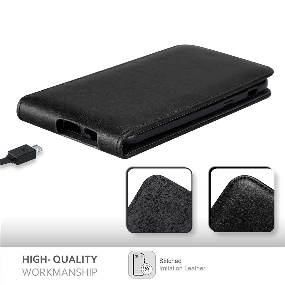 Funda negra de cuero sintético con costuras y cable de carga.