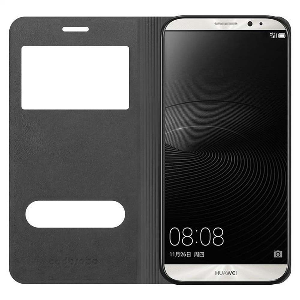 Custodia nera per telefono con due finestre sulla copertina aperta, che mostra uno smartphone.