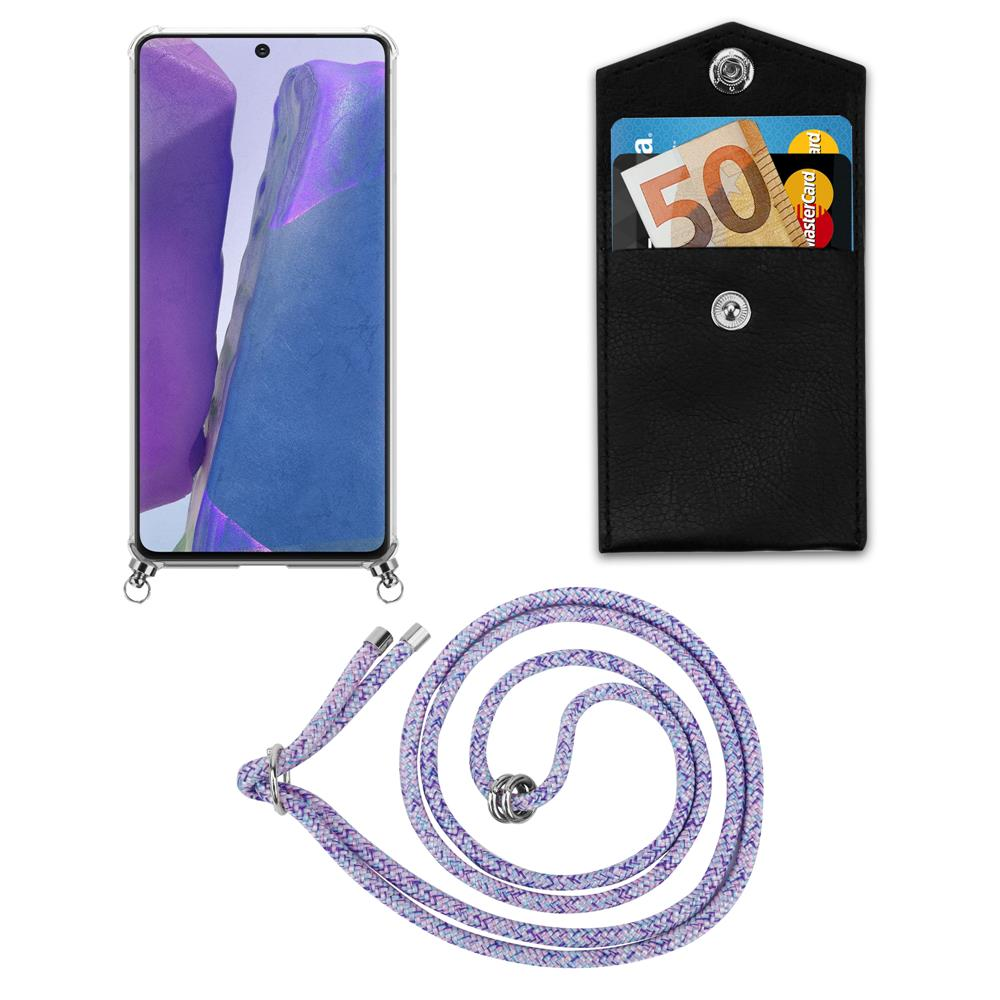 Smartphone con custodia, portafoglio con banconote in euro e cordino.